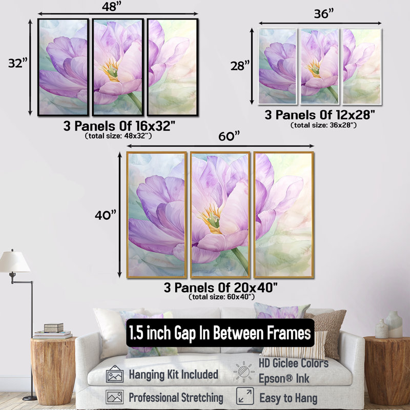 Ensemble de salon d'été avec tulipe mauve II, 28" H x 36" W, Reproduction avec cadre flottant, Black