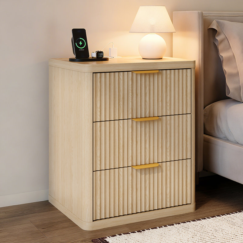 Ensemble de table de chevet cannelée en bois avec station de charge, 1/2 / 3 tiroirs, ports USB et Type-C, table d'appoint élégante et moderne