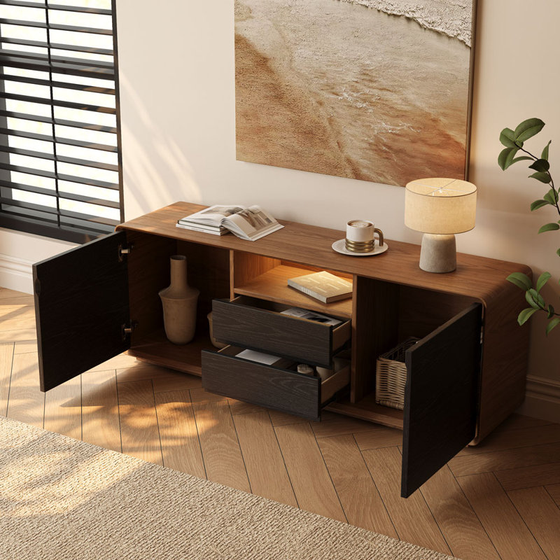 55" Mid-Century Modern TV Stand With LED Lights, Open Center Console With 2 Drawers And 2 Doors, Perfect For Living Room & Media Room Storage​, Fully Assembled, Black And Walnut