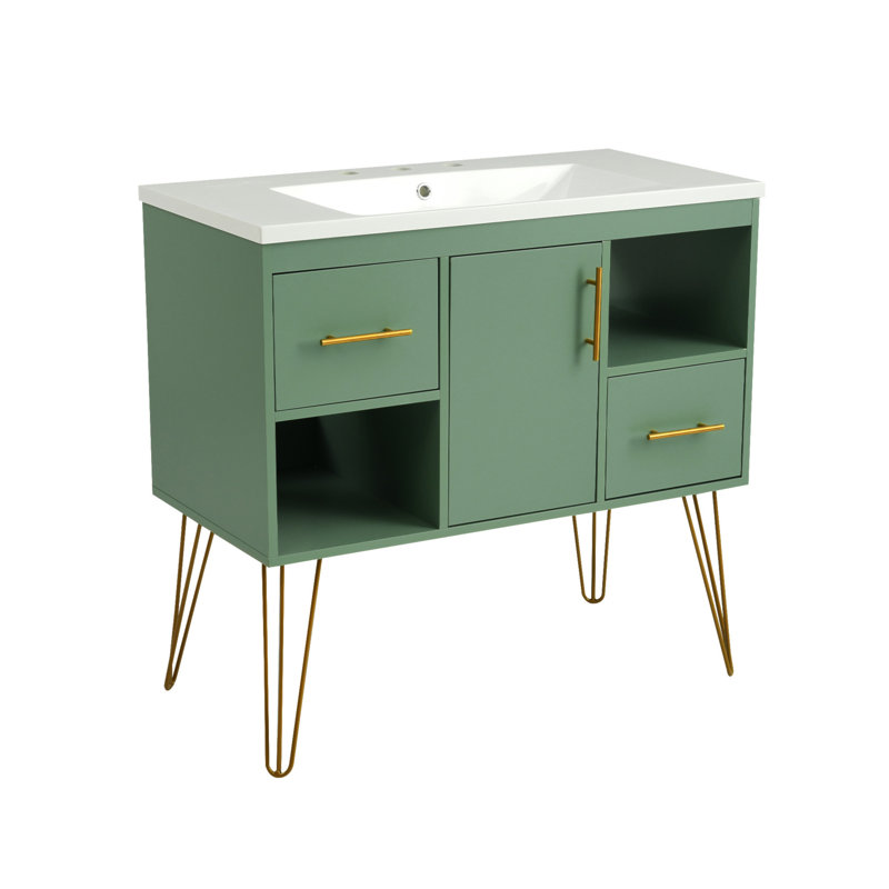 36'' Green MDF Freestanding Bathroom Vanity with Resin Sink