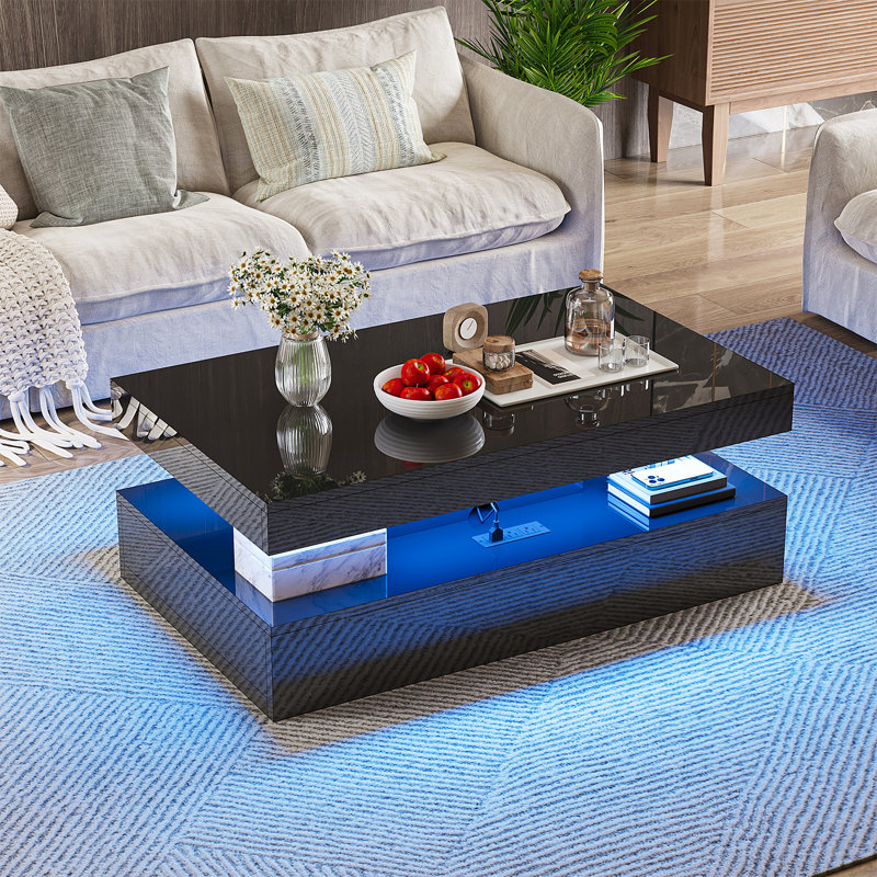Table basse à DEL brillante de 39 po avec 2 tiroirs coulissants, tables centrales modernes à double couche avec lumières DEL, station de charge
