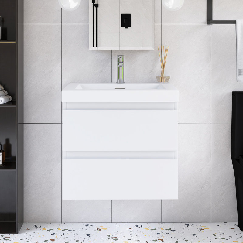 24'' Wall-Mounted Single Bathroom Vanity  With Integrated Resin Top, White
