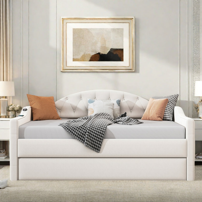 Upholstered Daybed With Trundle And Usb&Type-C Charging Ports, Beige