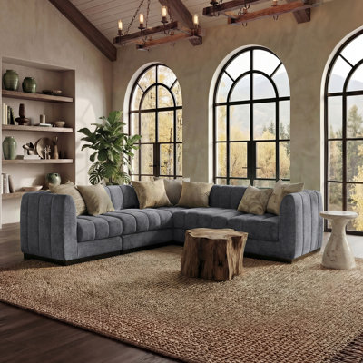 Myrhn 5-Piece Chenille Modular Sectional, Deep Seat L-Shaped Sofa With Solid Wood Base
