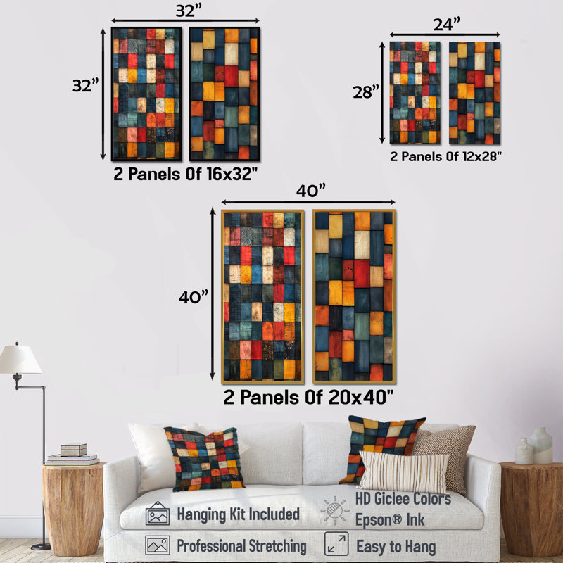 Ensemble de 2 pièces d'art mural Red Country Patchwork I - Boho Tiles, Cadre flottant en érable, H 28 po x l 24 po