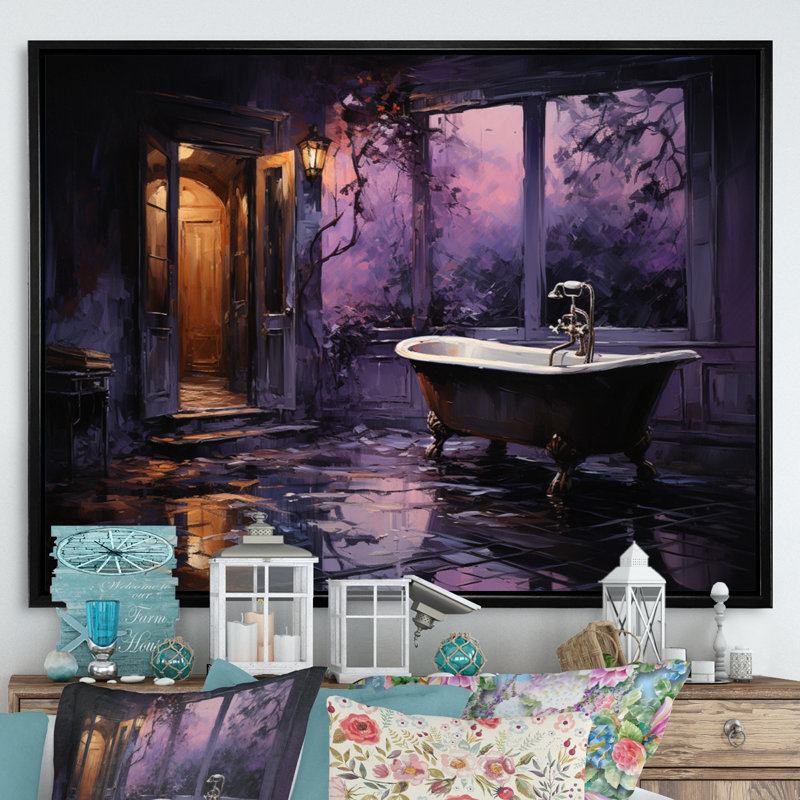 «Bathroom Midnight Serenade» - Art mural de salle de bain, Cadre flottant noir, H 12 po x l 20 po x P 1 po