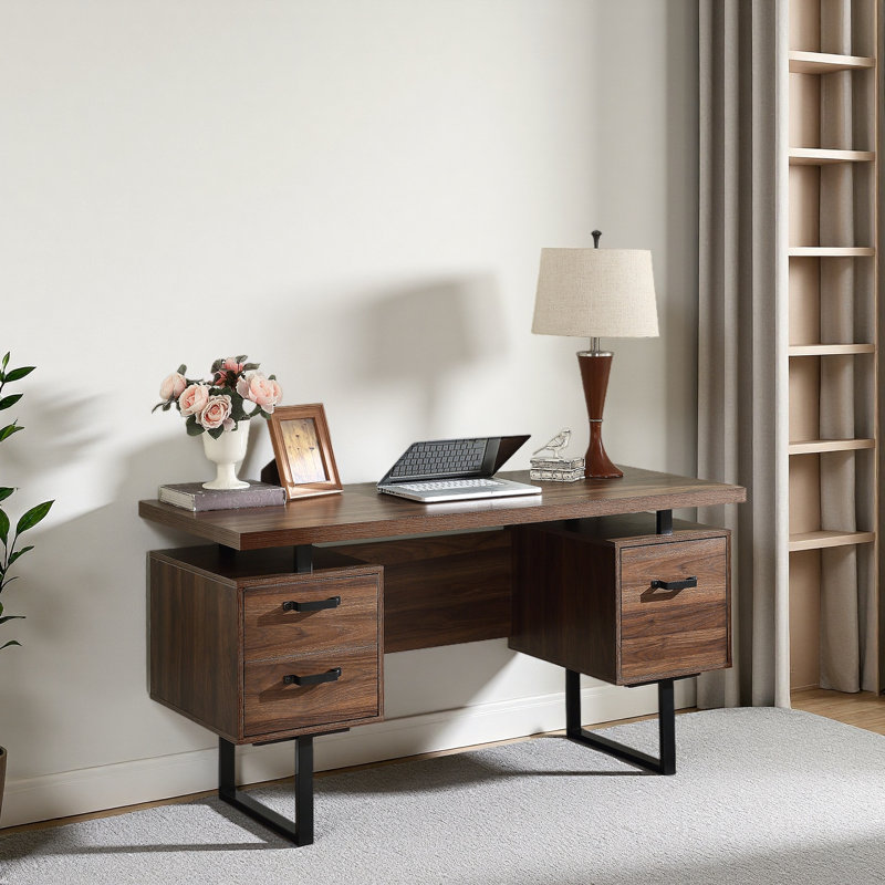 Home Office Computer Desk With Drawers/Hanging Letter-Size Files, 59 Inch Writing Study Table With Drawers