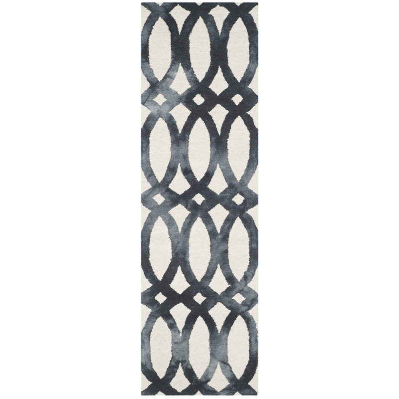 Amekia Hand Tufted Wool/Cotton Geometric Rug in Graphite/Ivory, Runner 2'3" x 12'