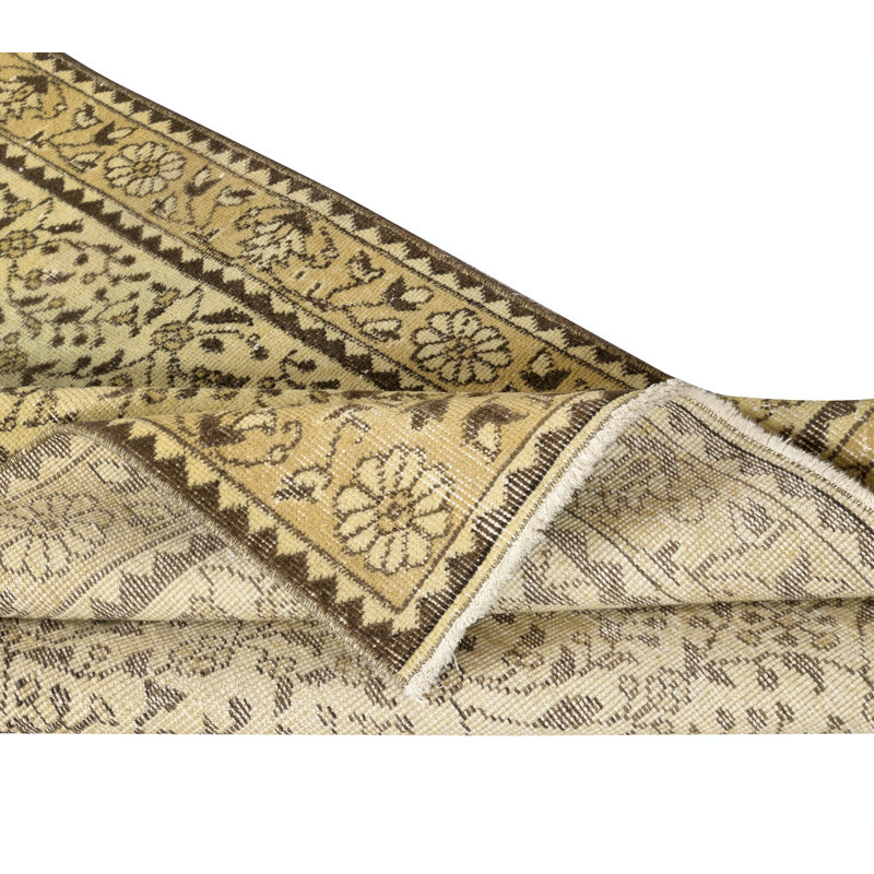 3.7x7 Ft Modern Handmade Turkish Wool Area Rug in Yellow with Floral Design