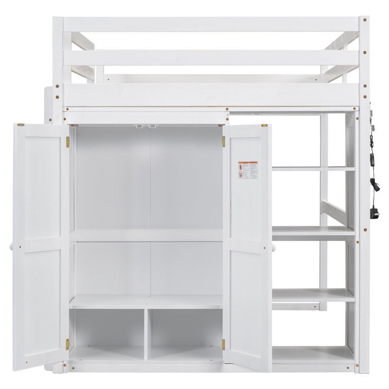 Lit mezzanine double en bois avec garde-robe intégrée et tablettes de rangement, Blanc