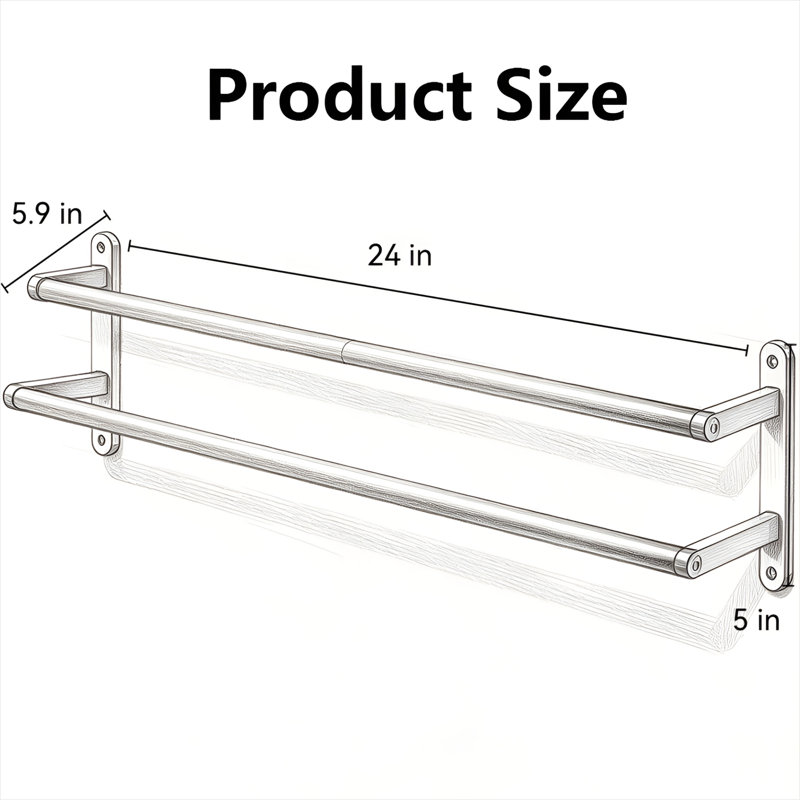Wall Mounted Double Towel Bar, Stainless Steel Dual Towel Rack with Wide Spacing for Bathroom, 5" H x 24" L x 5.9" D
