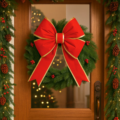 24" Large Plush Red Velvet Christmas Bow W/ Gold Trim