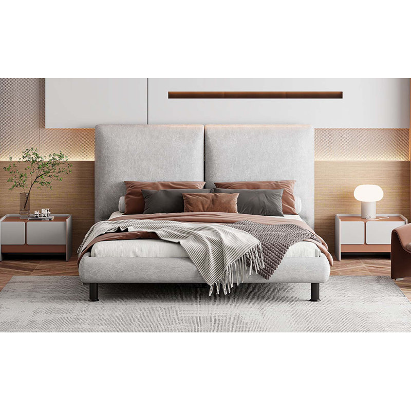 Grand lit plateforme tapissier avec deux grands appuis-tête et tissu épais en polyester, Beige