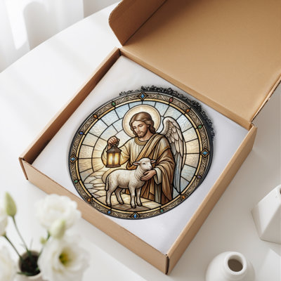 Angel Lamb Stained Glass Window Panel，7.8H