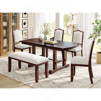 Ensemble de table de salle à manger 6 pièces, table de salle à manger en bois extensible de 60 à 78 pouces avec rallonge amovible, ensemble de table de cuisine avec 4 chaises d'appoint et banc rembourrés, ensemble de table de salle à manger pour 6 (cerisier)