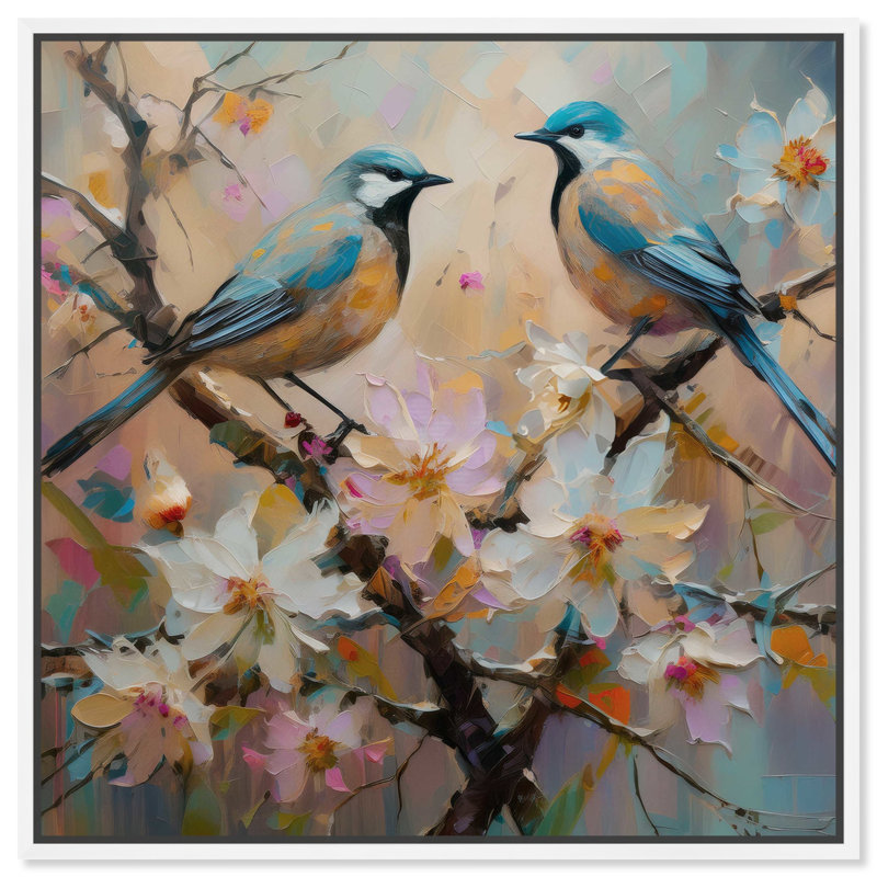 Large Blue and Beige Abstract Canvas Print with White Frame