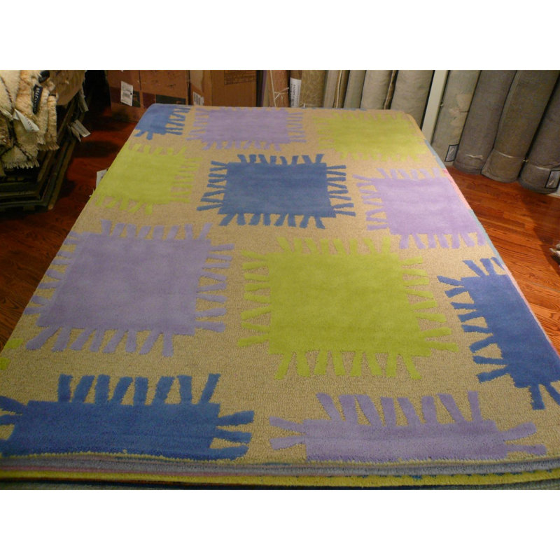 Tapis beige / bleu / vert en laine / coton touffeté à la main Kruetzen, Rectangle 8 pi x 10 pi