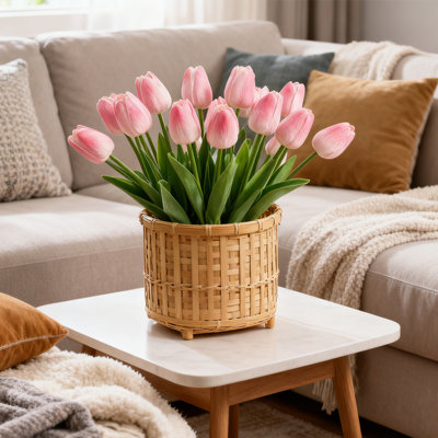20 Pieces Artificial Tulip Bouquet, 13.4" Real Touch Simulation PU Tulip Stems,, For Wedding Flower Arrangements, Spring Bouquets, Mother's Day Table Centerpieces, Light Pink