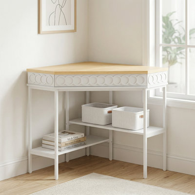 Bureau d'angle avec tablettes de rangement, bureau d'ordinateur triangulaire avec plateau tournant semi-circulaire et tablettes pour petits espaces