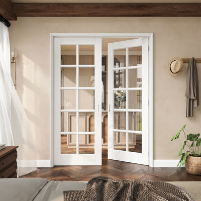 Porte française en verre transparent de 60 po x 80 po à 10 lumières avec charnières argentées, plaque de porte en verre transparent avec cadre, porte intérieure française comme porte de garde-manger, porte de chambre à coucher, porte de buanderie, portes de placard, portes de chambre, loquet et poignée de porte inclus