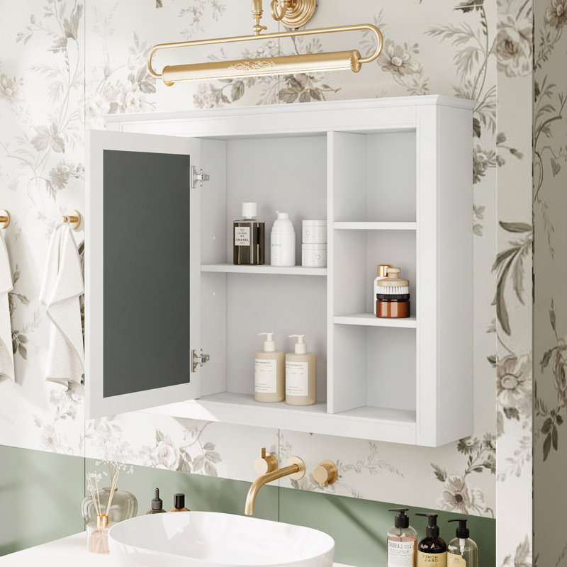 Armoire de salle de bain, armoire à pharmacie, armoire de rangement murale, armoire de salle de bain moderne avec miroir, armoire à miroir avec 6 tablettes ouvertes (meuble-lavabo non inclus)