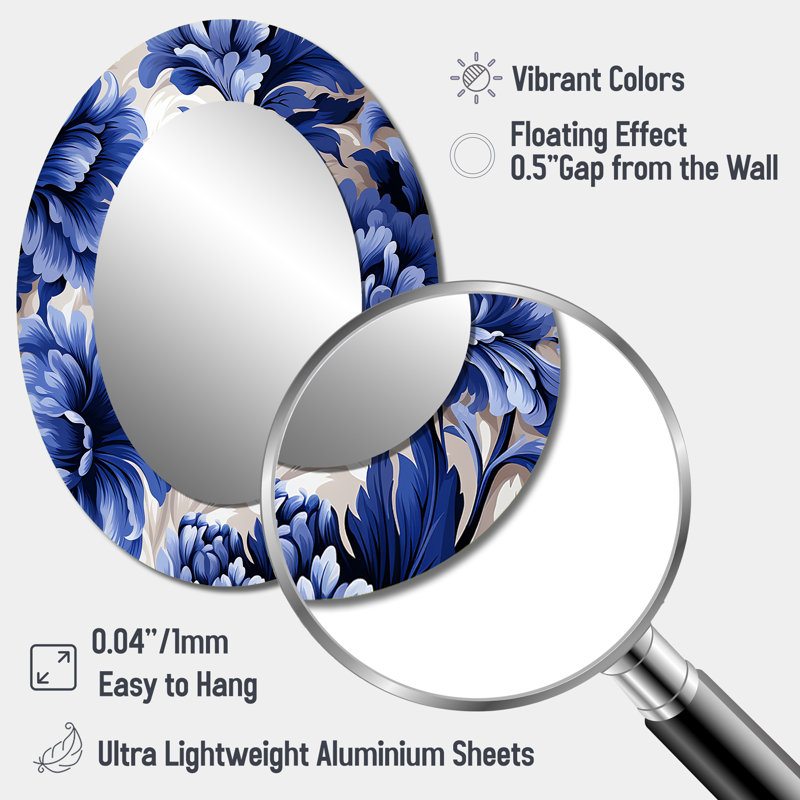 Regal Damask Splendor Victorian Pattern - Floral Mirror, Blue Unique Wall Mirror, Printed Metal Art, 40" H x 30" W, Oval