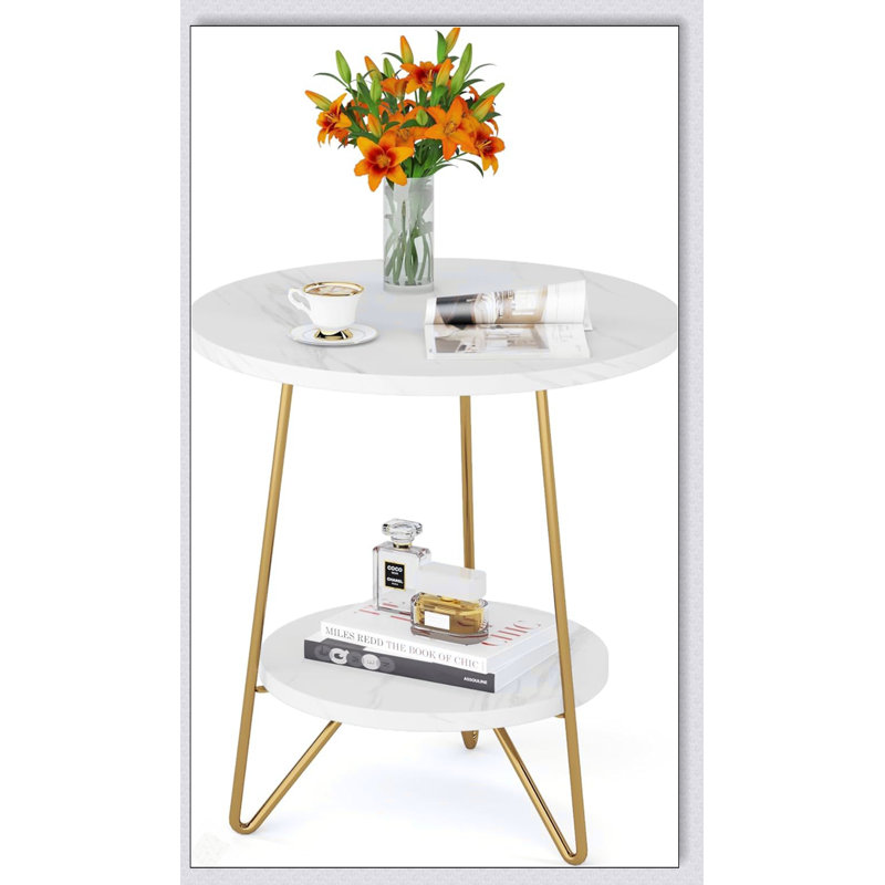 Table de bout ronde en faux marbre 18,7 po, table d'appoint blanche et dorée à 2 niveaux, petite table basse ou table de chevet moderne pour salon, chambre à coucher, appartement