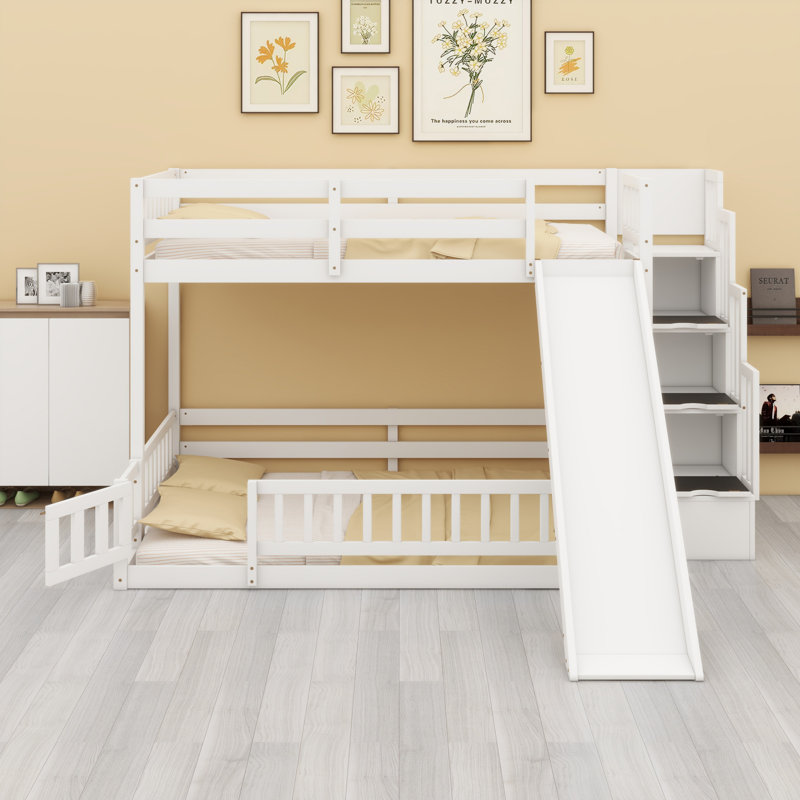 Wooden Bunk Bed With Slide, Storage Staircase, Safety Guardrails, Gray