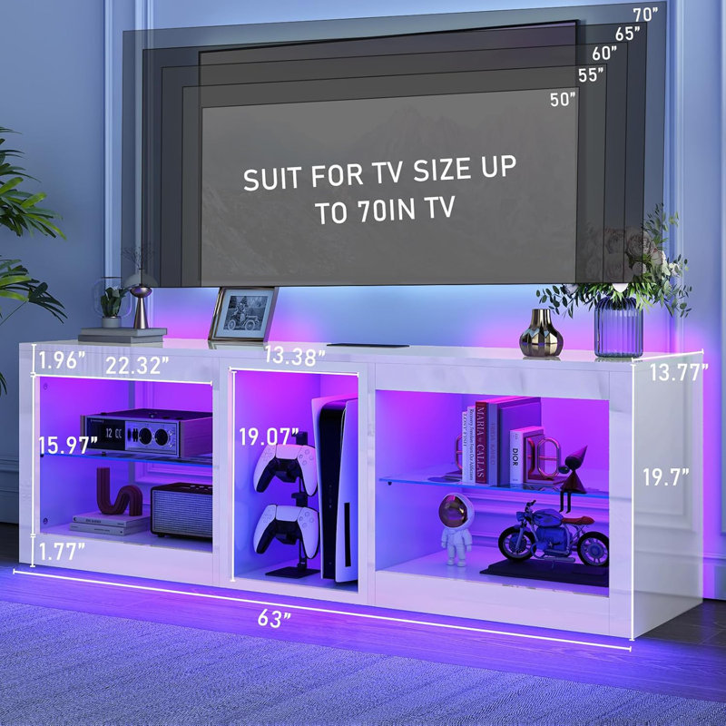 63'' Modern High-Gloss LED TV Stand for 65/70in TVs with Power Outlets, Adjustable Shelves, PS5 Compatible, White, 63" W