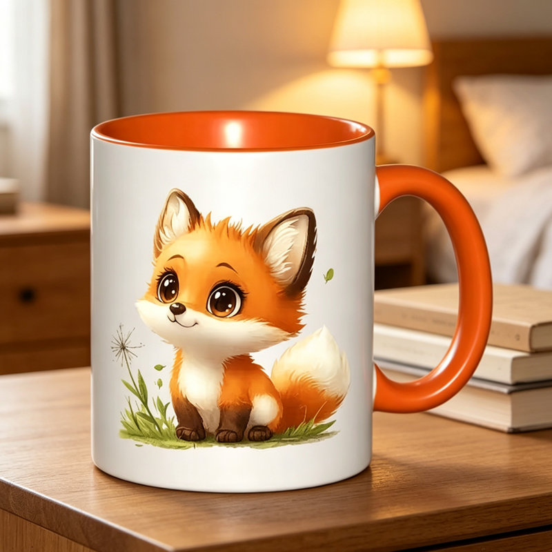 A Charming Ceramic Coffee Mug Featuring a Playful Orange Fox Surrounded by Green Leaves And Dandelions, Perfect for Halloween.