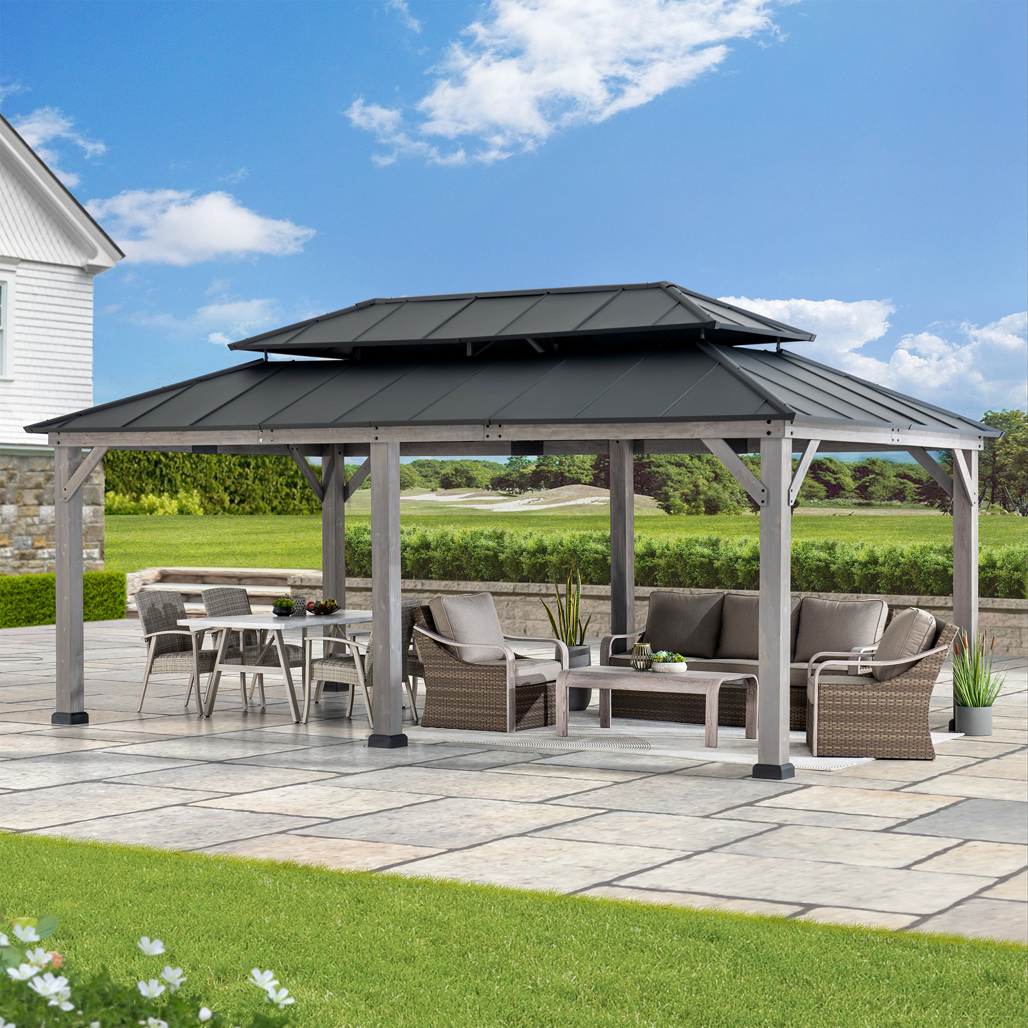 Sunjoy 12 x 20 ft. Wood Gazebo, Outdoor Patio Steel Hardtop Gazebo ...