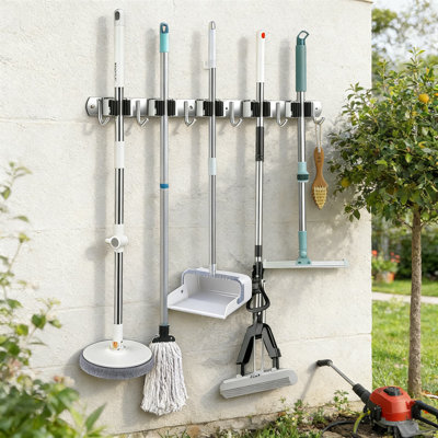 Heavy Duty Broom And Mop Holder Wall Mount With 4 Racks And 5 Hooks, Stainless Steel Tool Organizer For Garage, Laundry Room, And Garden Storage