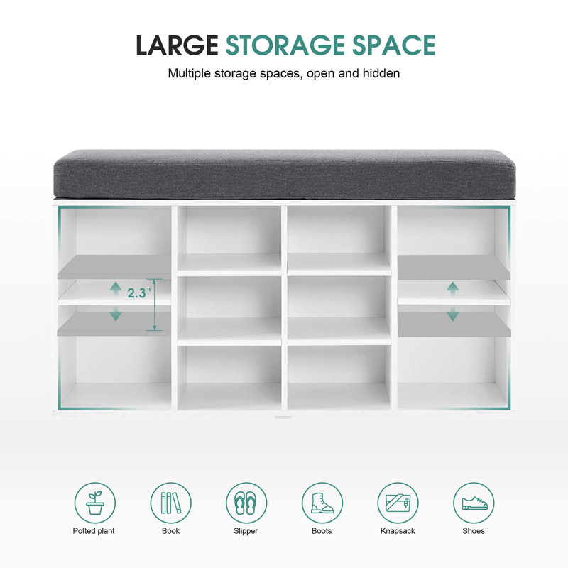 Ivinta White Shoe Storage Bench with Gray Cushion and 10 Cubbies