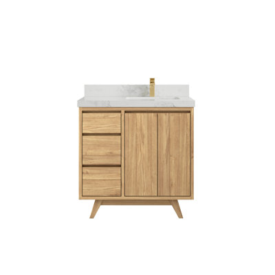 36 In. W X 22 In. D Madison Teak Bathroom Vanity Right Offset Sink In Light Natural With 2 In Calacatta Nuvo Quartz -  Willow Collections, MDS_TK_LNT_CA_NV_36R