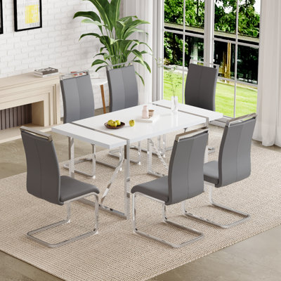 6 - Person Dining Set, Modern Rectangular Dining Table Set with 6 Luxury Faux Leather Dining Chairs
