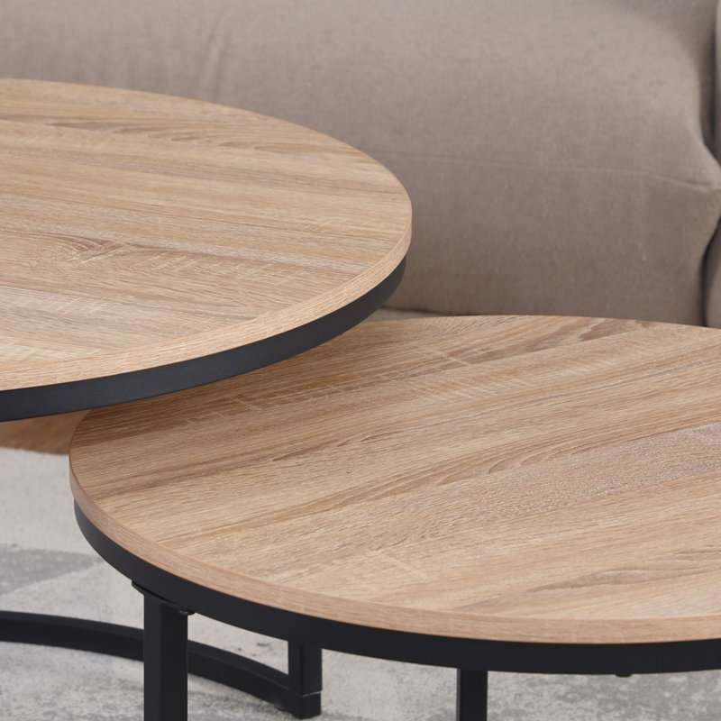 Table gigogne ronde 24 po, table basse d'appoint, finition bois de chêne naturel, peu encombrante, style industriel moderne