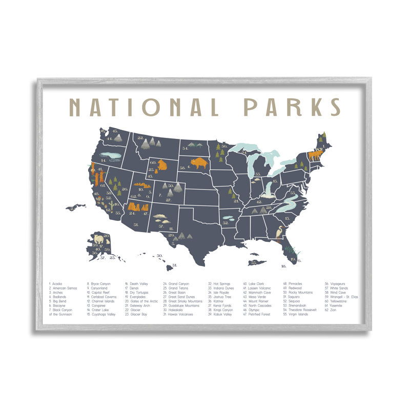 Parc national des États-Unis, carte d'aventure, bleu, gris, maison de campagne surdimensionnée, giclée sur toile, art texturé par Daphne Polselli