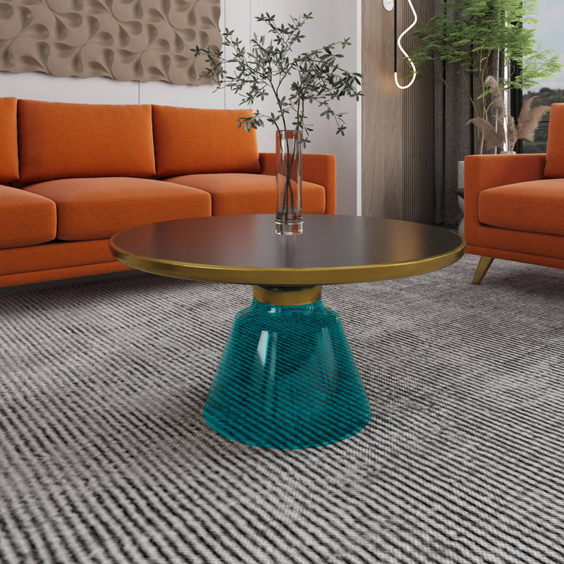 30" Round Coffee Table Glass/Sintered Stone Top With Brushed Gold Rim And Tempered Glass Base, Blue
