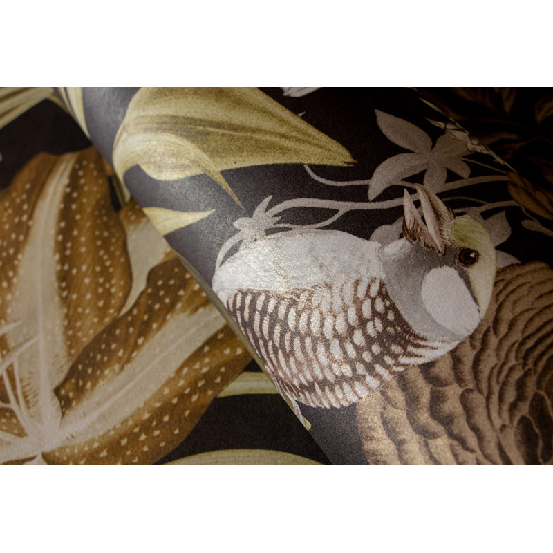 Tropical Collection Mo'orea Inspired Flowers and Birds 27.8' L x 27.5" W Wallpaper Roll, Walnut