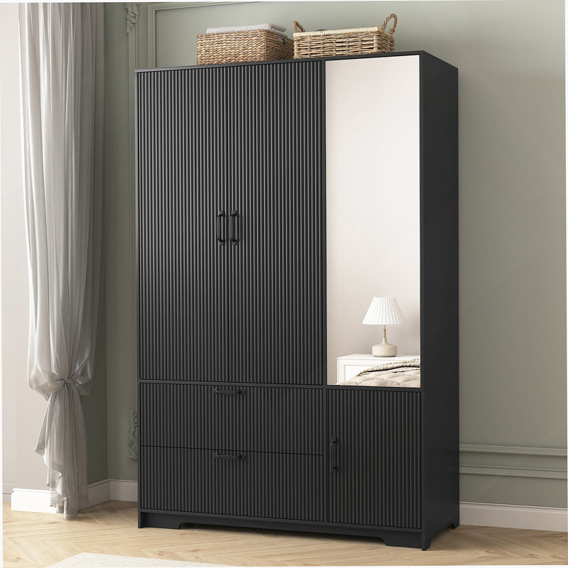 Garde-robe à 4 portes avec miroir, armoire à DEL à 2 tiroirs, armoire de rangement en bois avec tringle, tablettes réglables