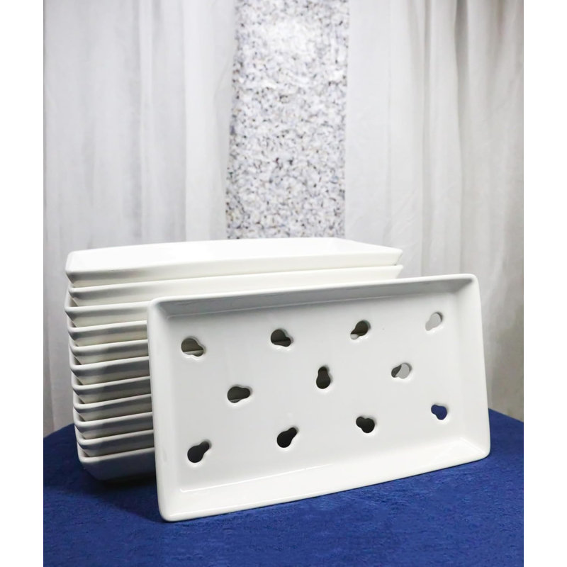Pack Of 12 Ceramic White Neta Zara Sushi Case Plates With Drip Holes 9" By 5", 1.25" H x 9" W x 5.25" D