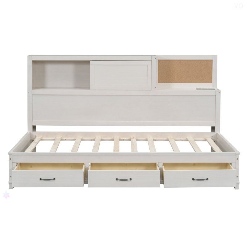 Lit de jour simple en bois avec 3 tiroirs de rangement, tablette souple supérieure, tablette et ensemble de prises et ports USB