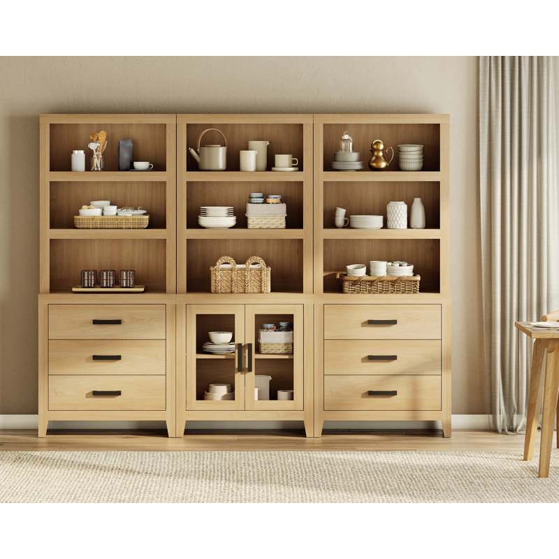 74" Tall Bookshelf Set Of 3, Farmhouse Bookcase With Doors & Drawers, Wooden Bookshelf For Living Room, Home Office, Library, Beige