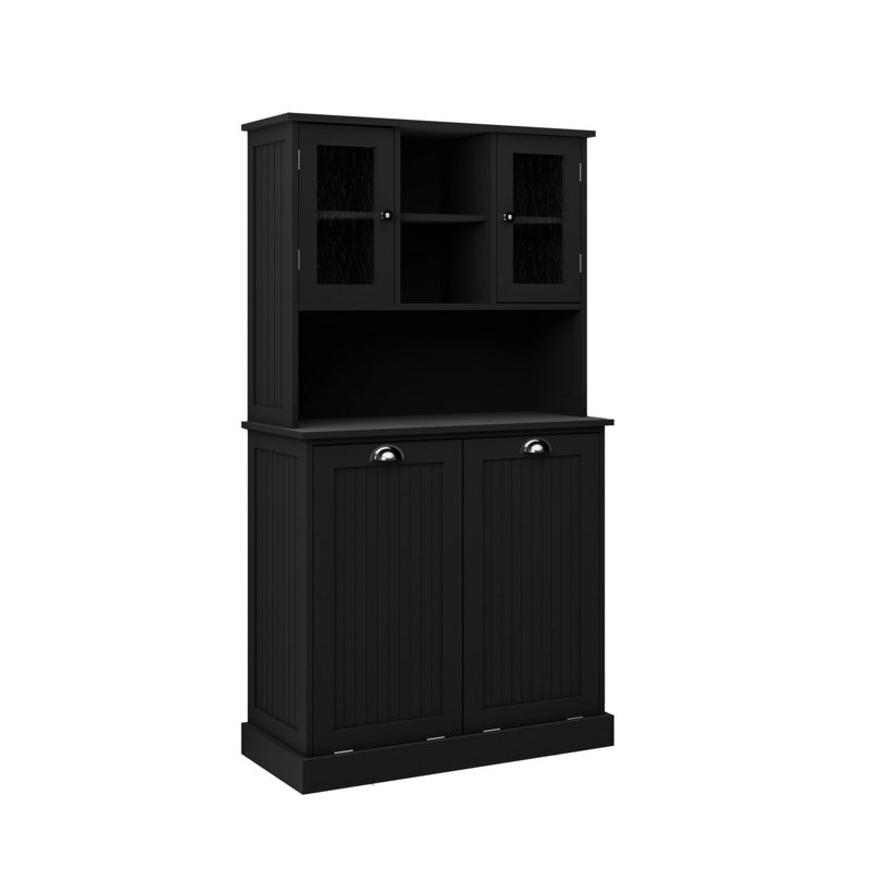 Black Bathroom Cabinet With Two Sections. Made From E1 , Stable. 150lbs Load-bearing. Space Adjustable Shelves. Separate Laundry Conveniently Removable Bags. Distinct Square Handle. Painted For An