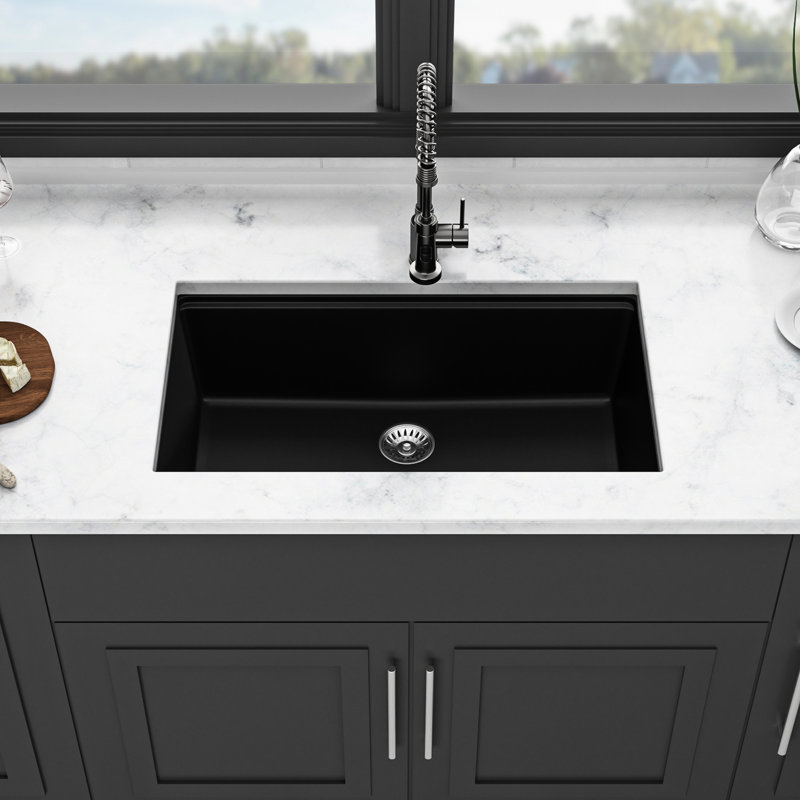Black Quartz Undermount Sink 30X19" - Workstation Flawless Appearance Kitchen Style, Black