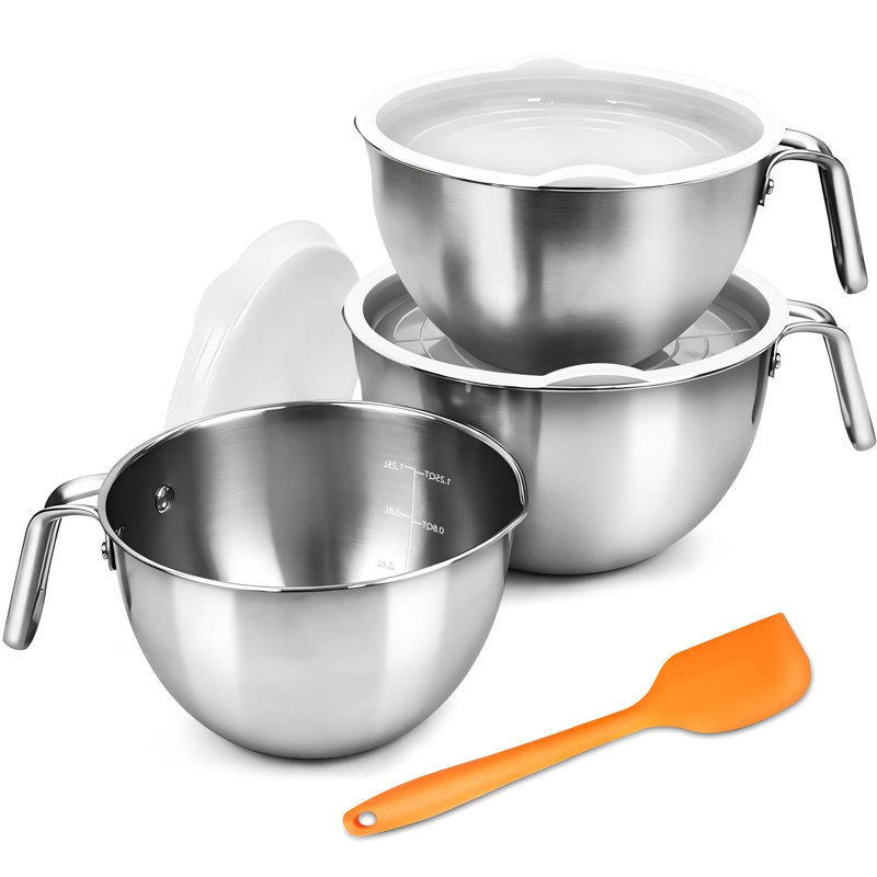 Bols à mélanger en acier inoxydable avec couvercles et grattoir en silicone, bols de fusion emboîtables avec poignée, 304 bols en métal de qualité alimentaire, paquet de 3, (argent)