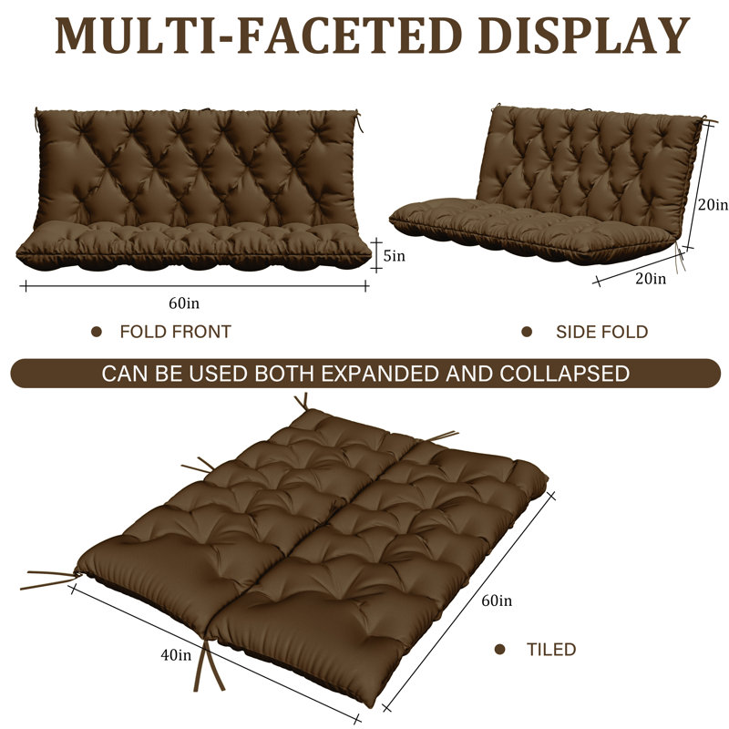 Banc de jardin avec coussin de 5 po imperméable pour l'extérieur, L 60 po x P 40 po, Chocolat