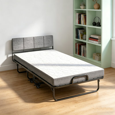 Lit d'invité pliant simple pliable avec tête de lit en lin et matelas en mousse viscoélastique de 5 pouces, lit pliant portatif en métal robuste, lit peu encombrant pour chambre d'amis, bureau à domicile, camping et soins à domicile