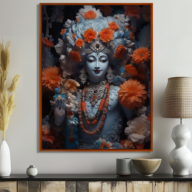 Krishna avec collier de perles et de fleurs oranges - Art mural de l'hindouisme, Toile avec cadre flottant brun