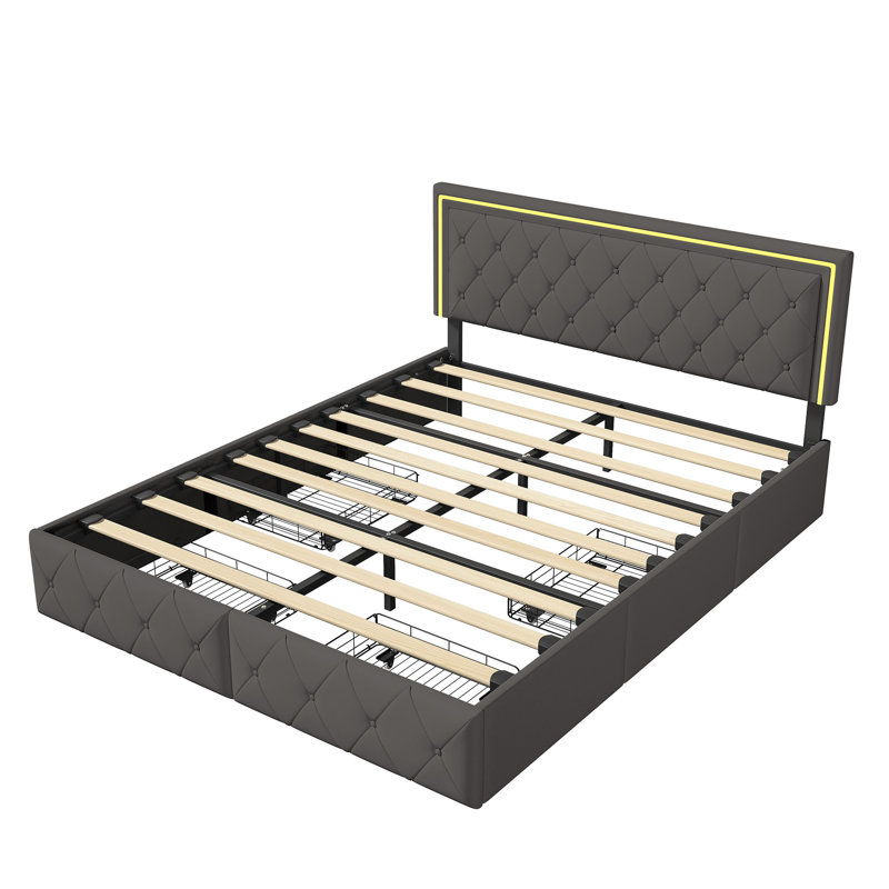 EU Double & King PU Storage Bed With 4 Drawers & LED Headboard, Faux Leather Upholstered Frame,  Beige & Grey, Grey
